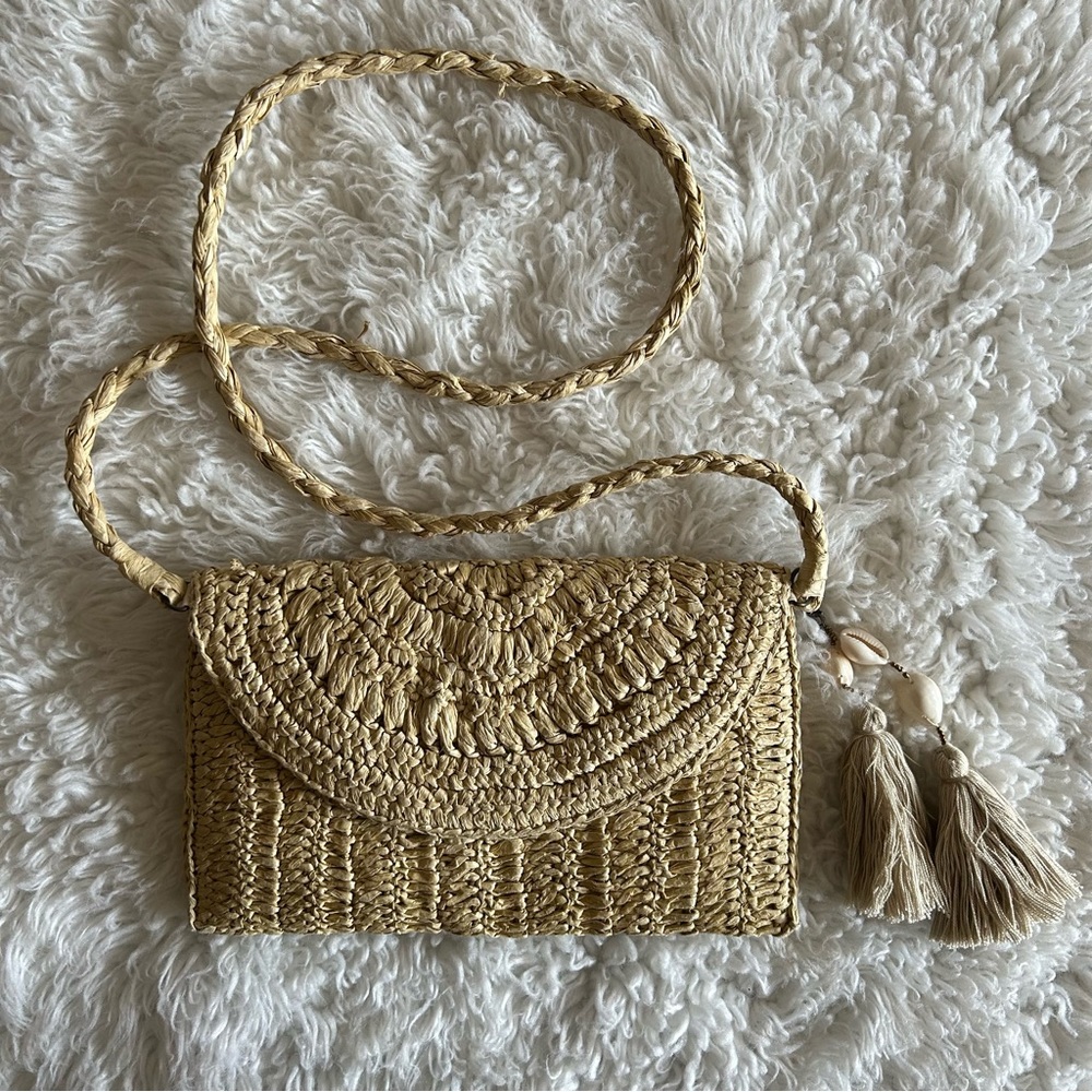 J. Jill Envelope Style Foldover Beach Vacation Raffia Tassel Crossbody